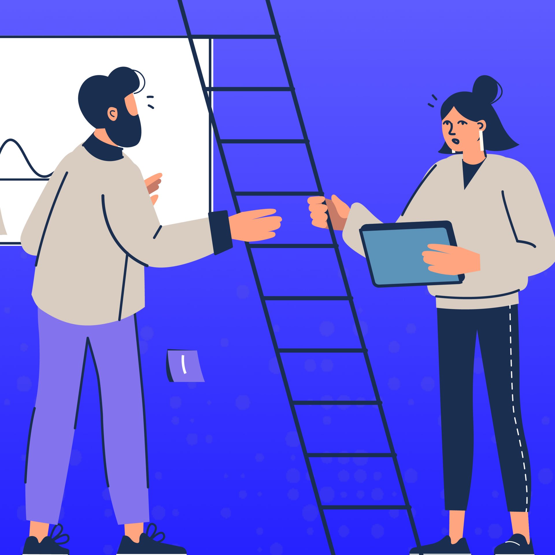 Man and woman collaborate with a ladder, whiteboard, and tablet.