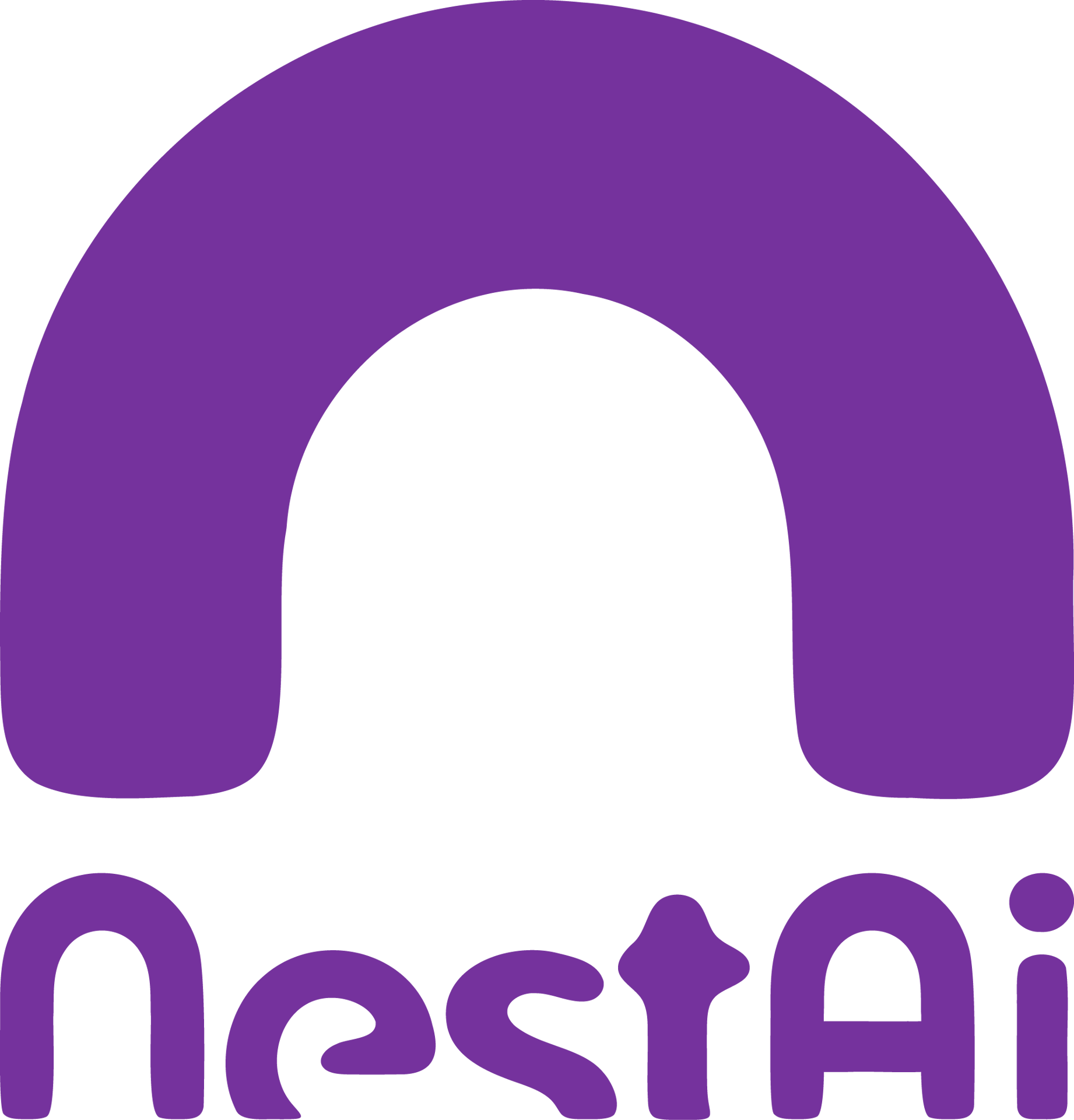 "NestAi" logo: purple headphones shape above purple "nestAi" text, on green background.