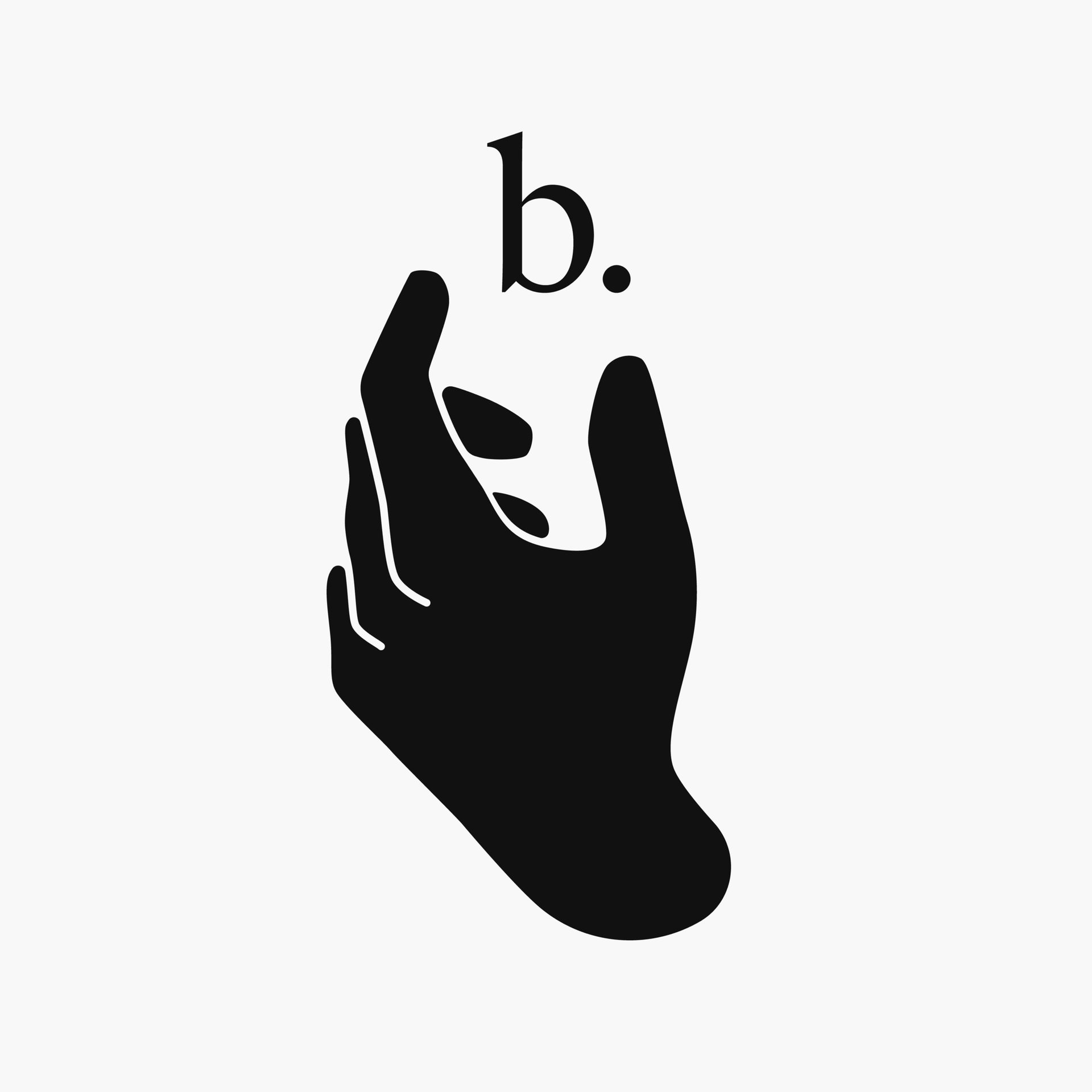 Black cupped hand silhouette under 'b.' on a white background.