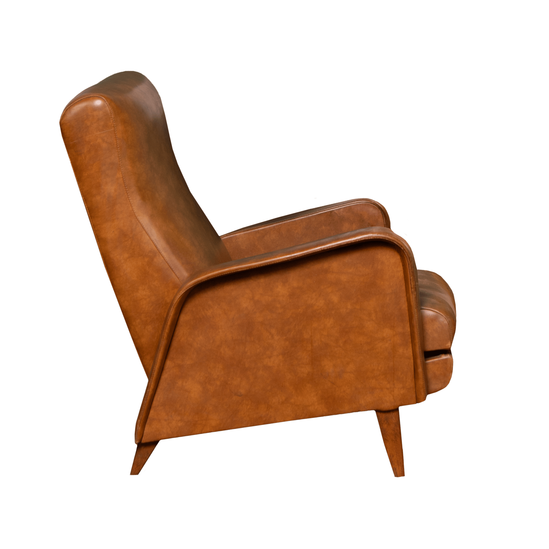 Side view of a modern brown leather armchair with a sleek design and wooden legs.