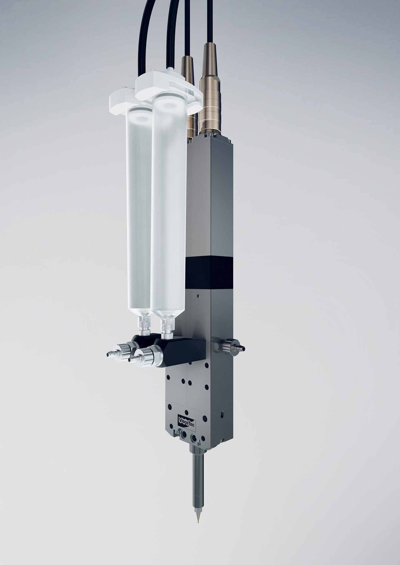 ViscoTec precision dispensing system with two clear cartridges, black cables, and metallic body.