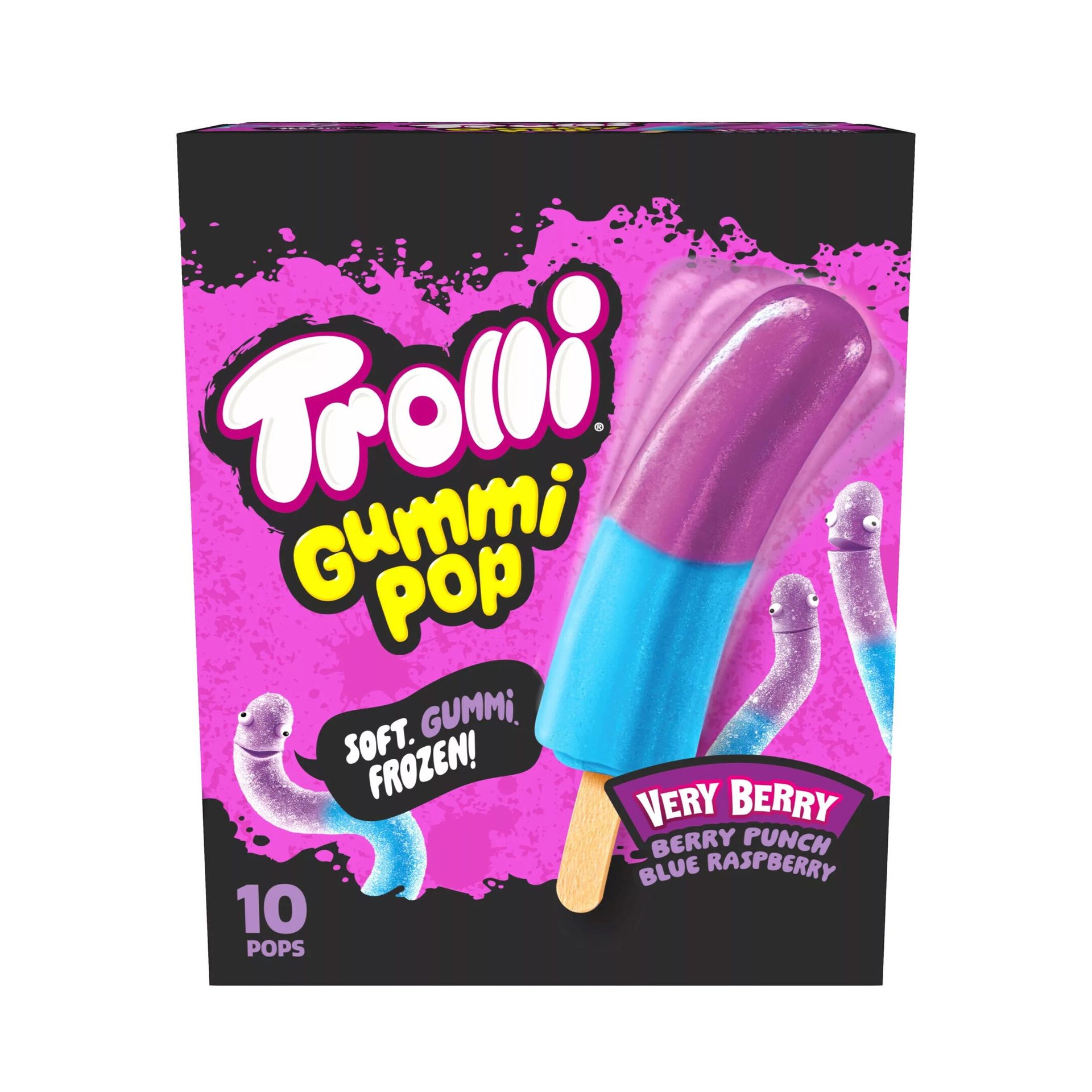 Trolli Gummi Pop box featuring a purple and blue popsicle, gummy worms, and "Very Berry" flavor.