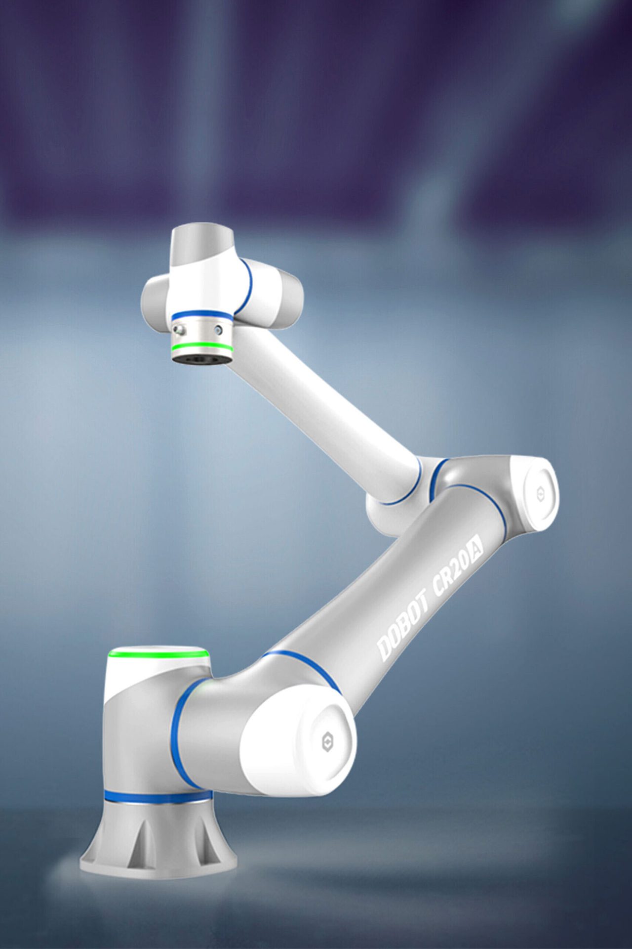 White and gray DOBOT CR20A collaborative robot arm with blue and green accents.