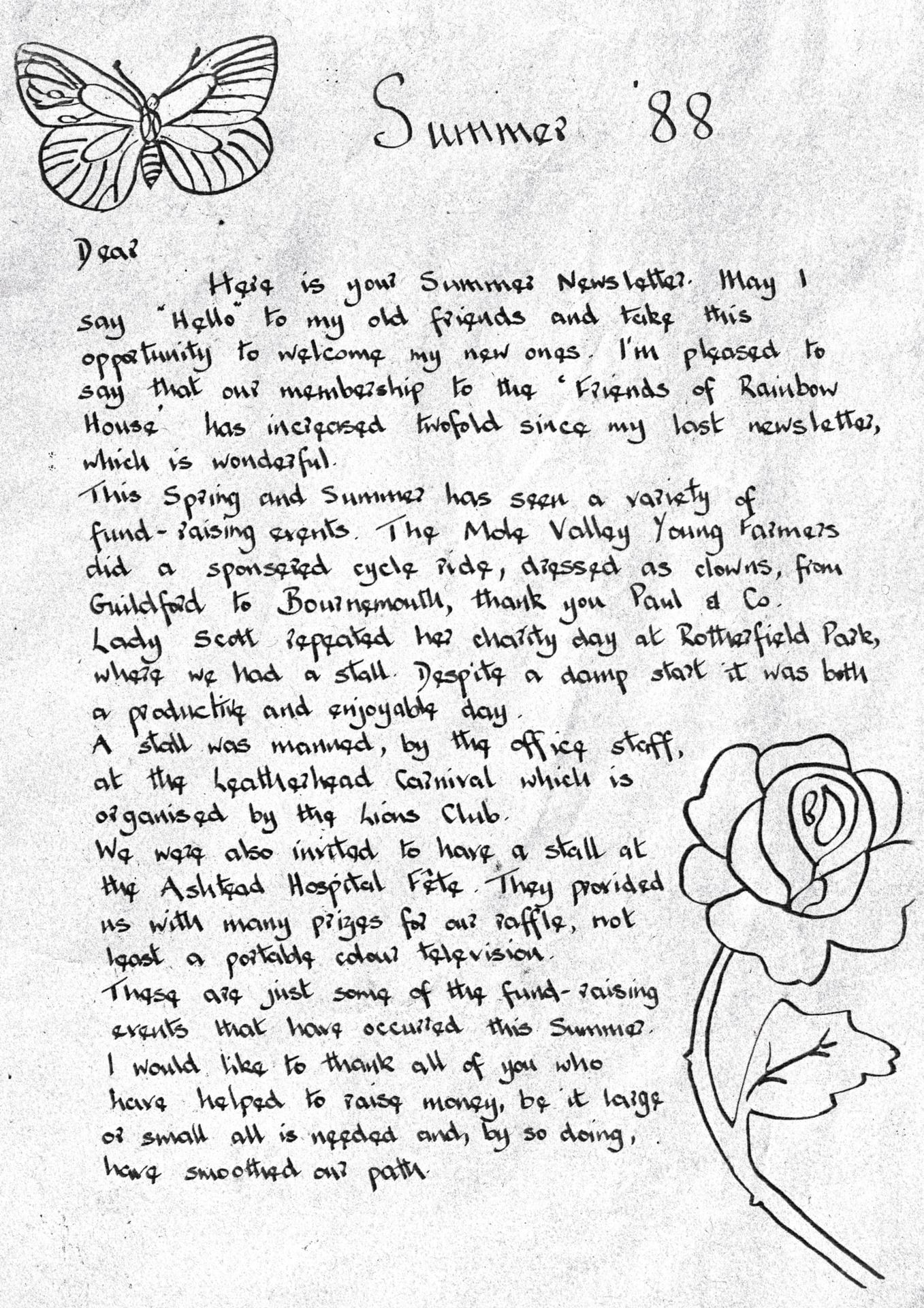 Handwritten 'Summer '88' newsletter with a butterfly and rose, detailing various fundraising events.