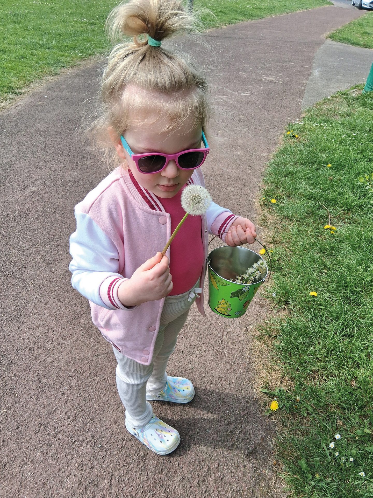Toddler in pink jacket and sunglasses holds dandelion and flower bucket on a path.