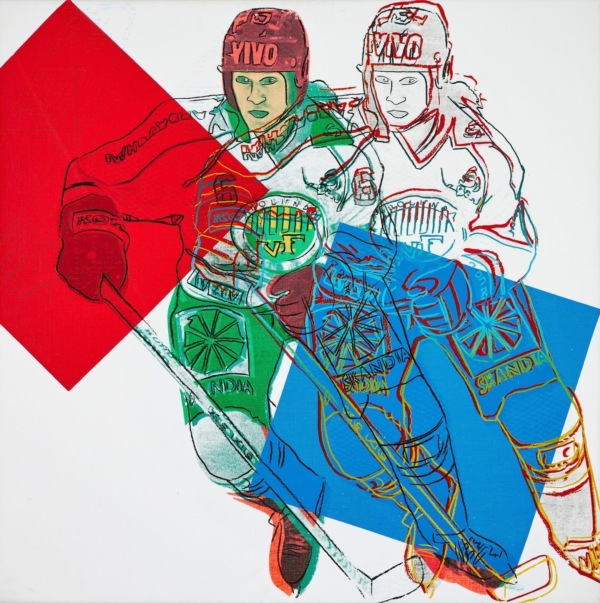 Pop art depiction of two hockey players in action, with vibrant colors, overlaid outlines, and geometric shapes.