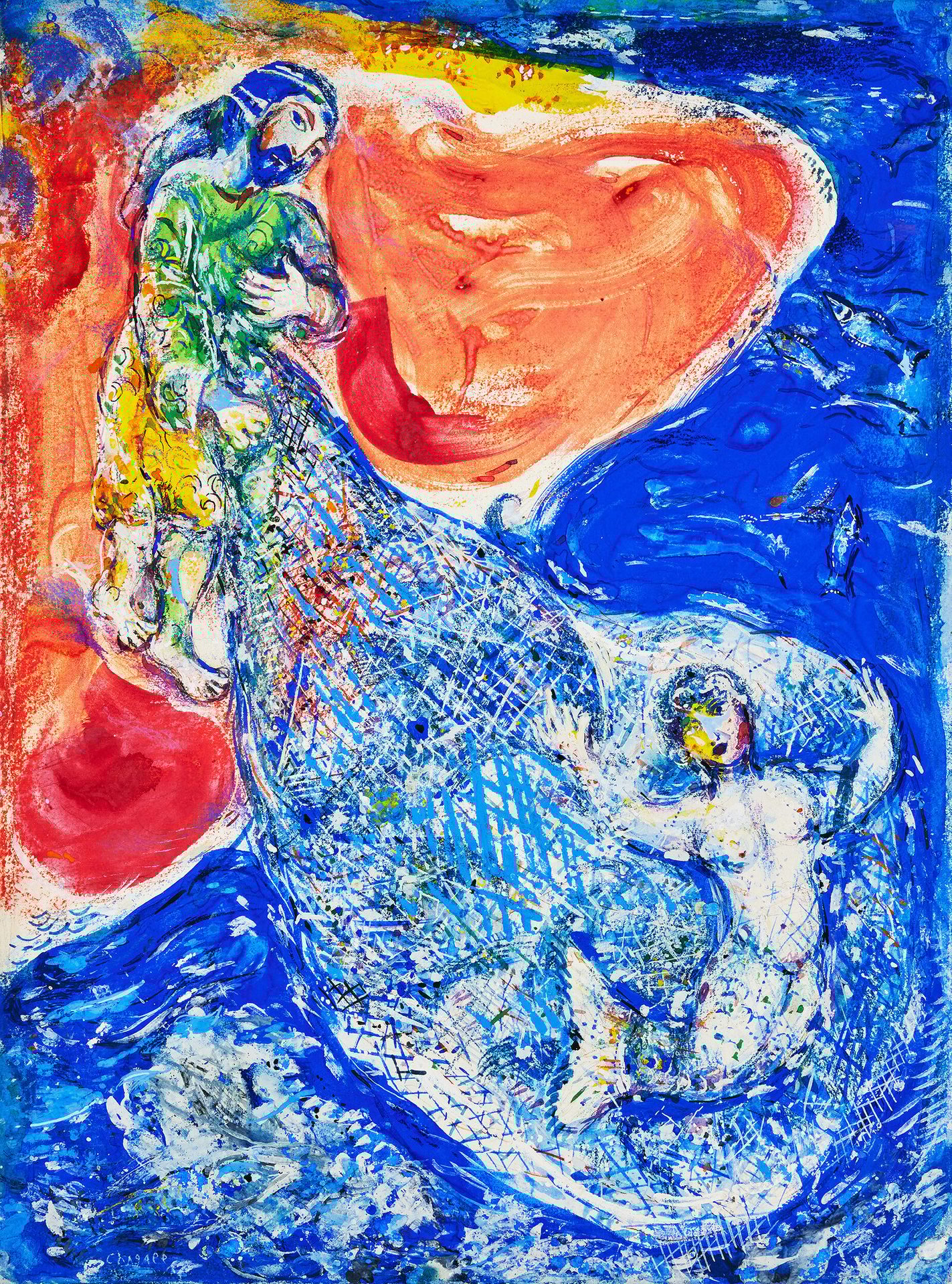 Colorful painting with two figures, one in a green dress and one nude, entangled in a blue fishing net.