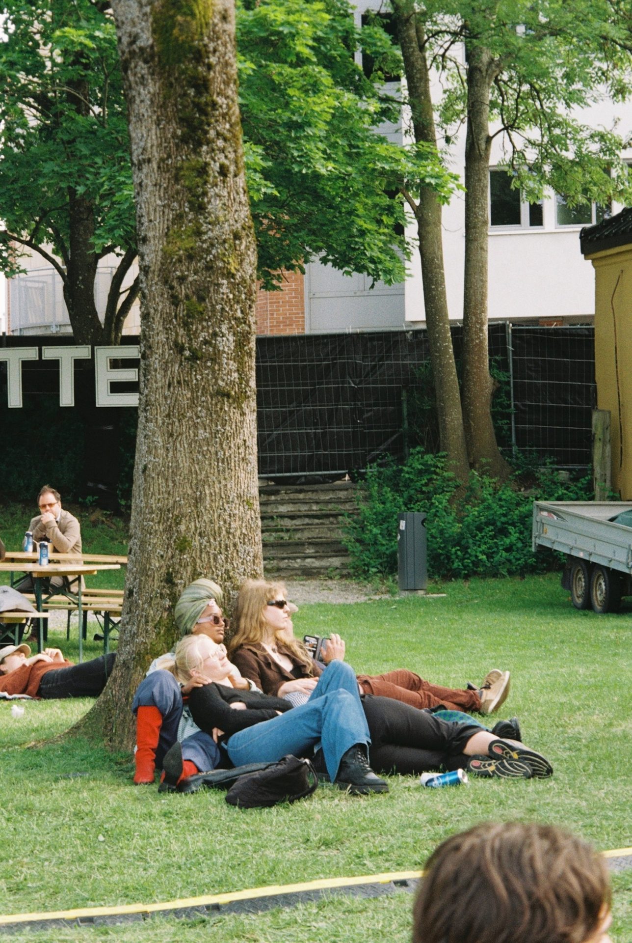 People relax on grass beneath a large tree; a man sits at a distant table.