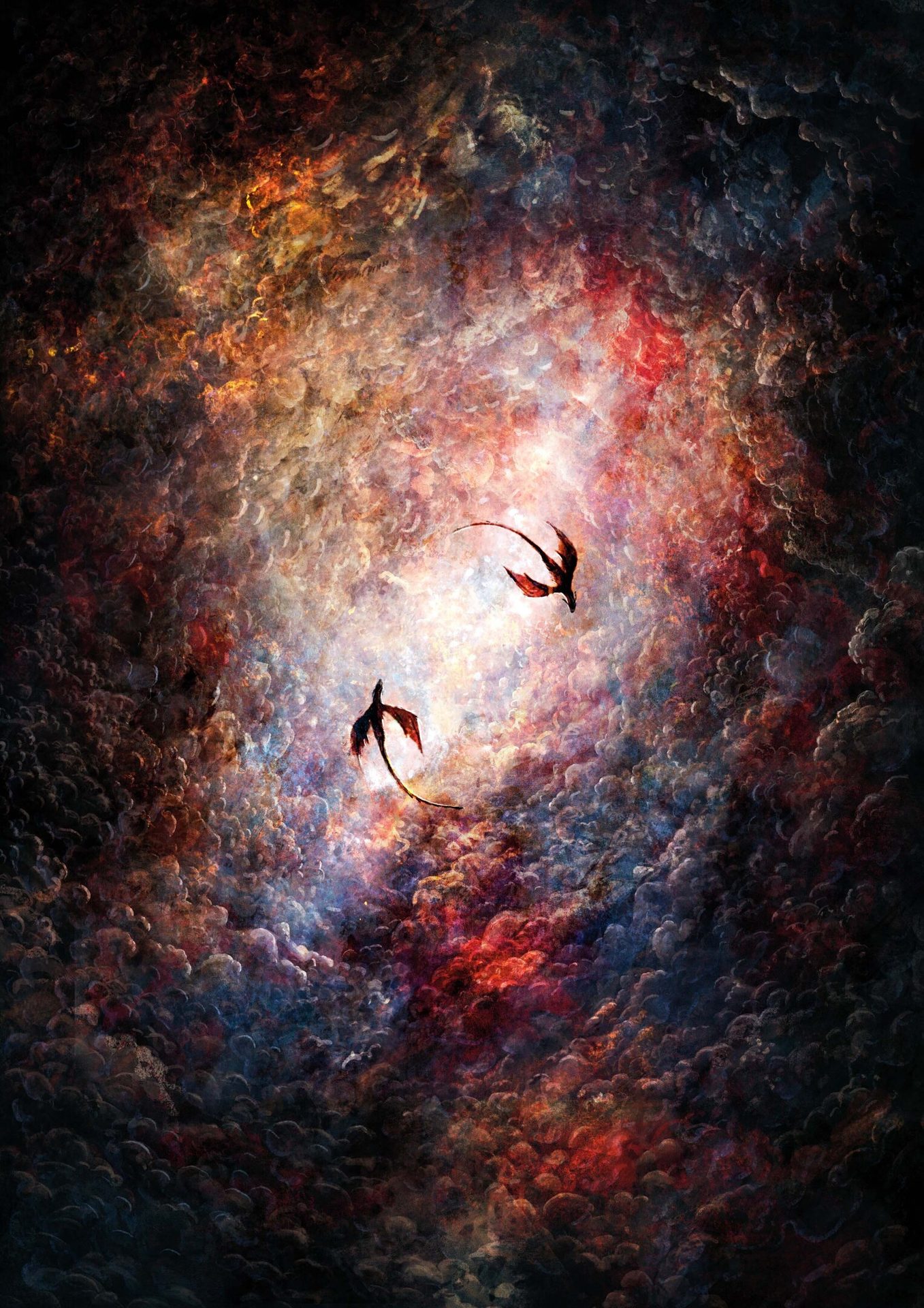 Two dark dragons fly through a vibrant, swirling cosmic sky of reds, oranges, and blues.