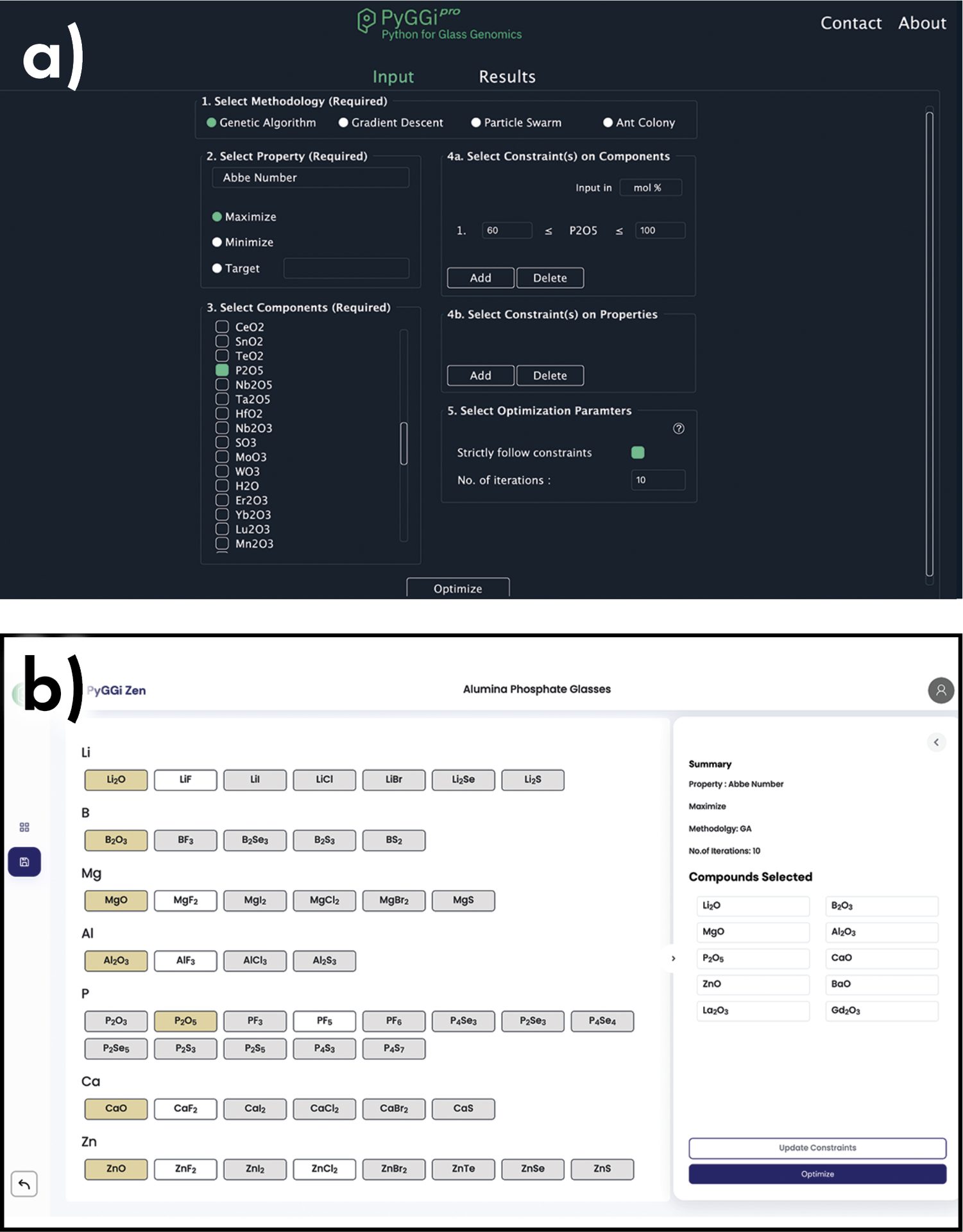 Screenshots showing how the parameters and glass components decided in Step 2