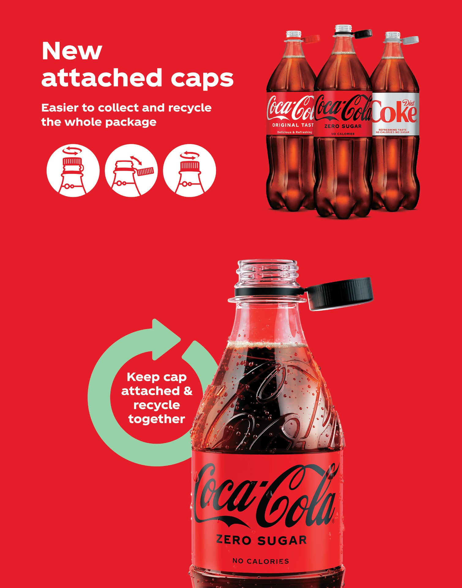 Coca-Cola bottles with attached caps
