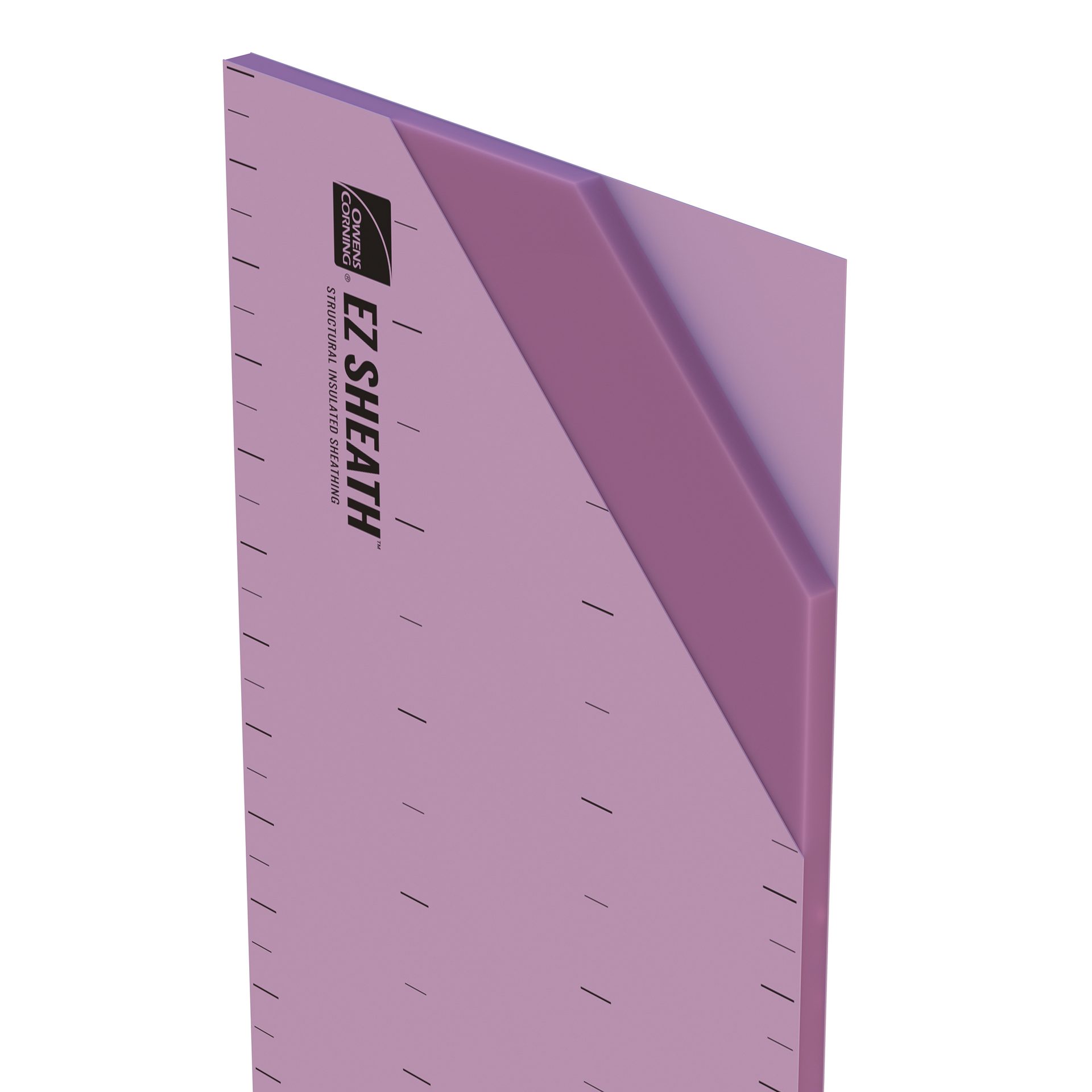 Pink Owens Corning EZ Sheath structural insulated sheathing board with measurement markings and visible layers.