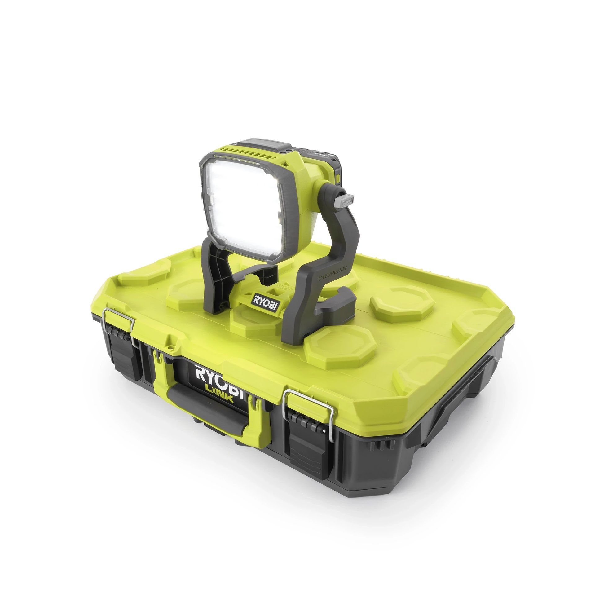 A lime green and black RYOBI LINK tool storage box with an attached work light.