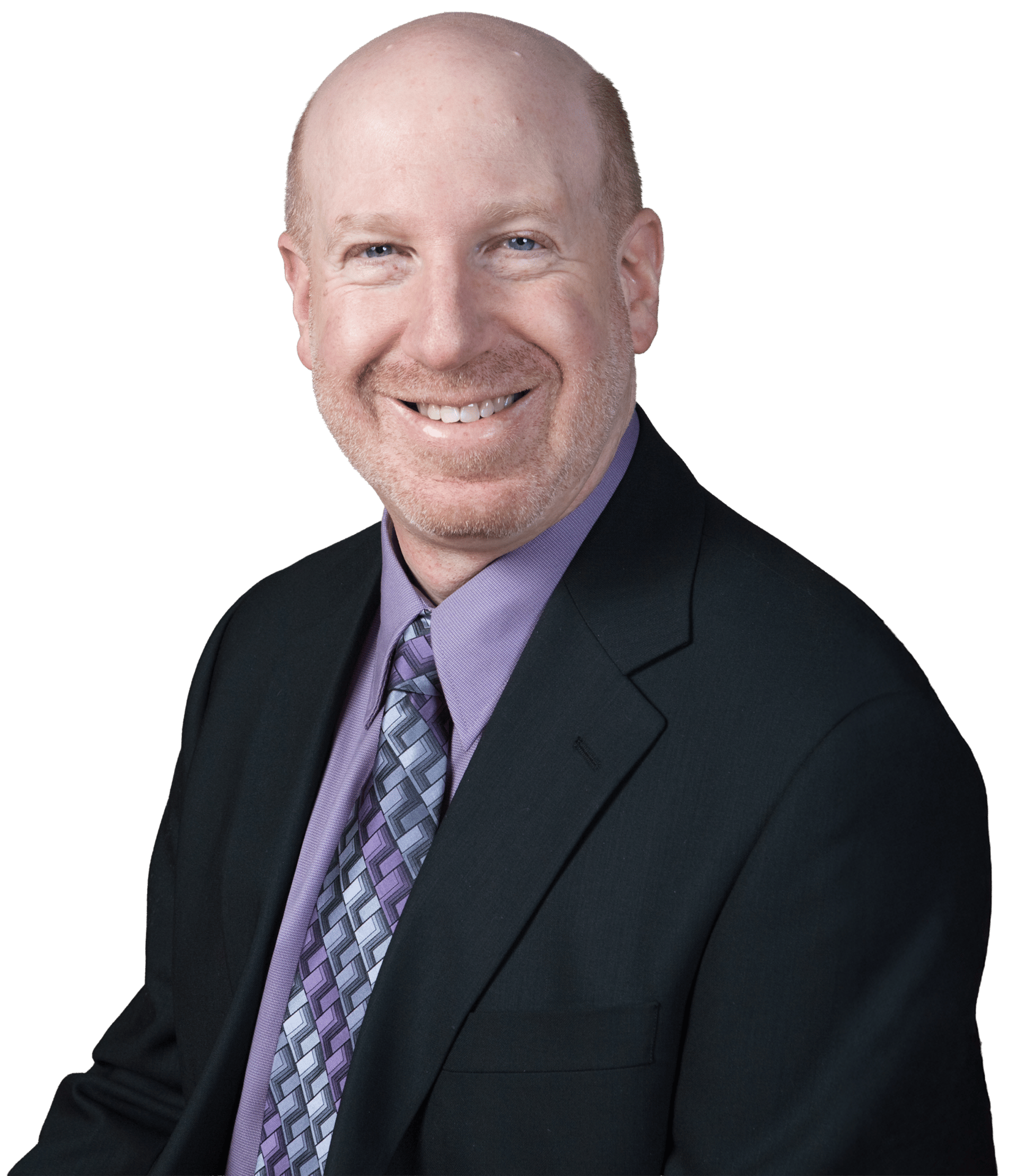 Smiling bald man in a suit and patterned tie.