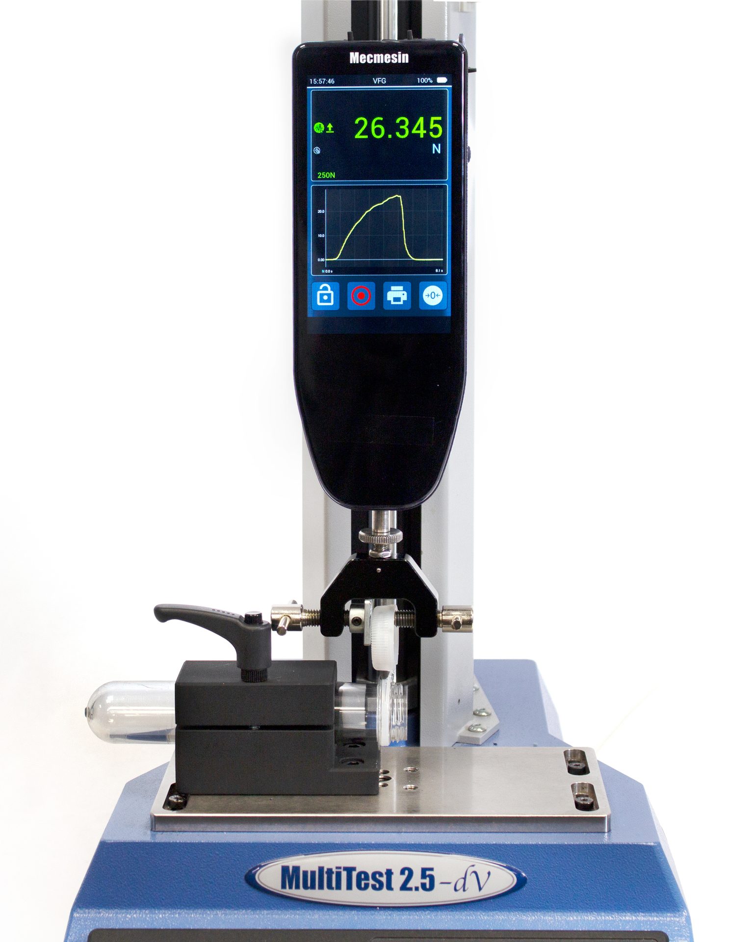 A simple handheld gage connected to a test frame measuring the break resistance of a plastic tethered closure design of bottle cap.