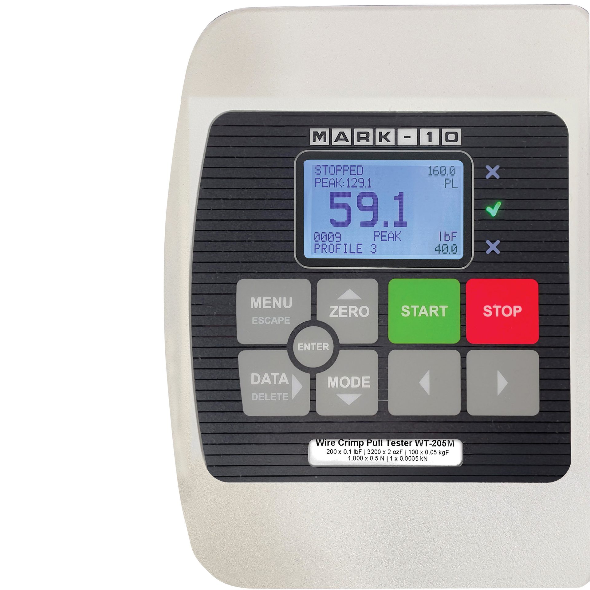 Mark-10 Wire Crimp Pull Tester WT-205M with screen displaying 59.1 and controls.