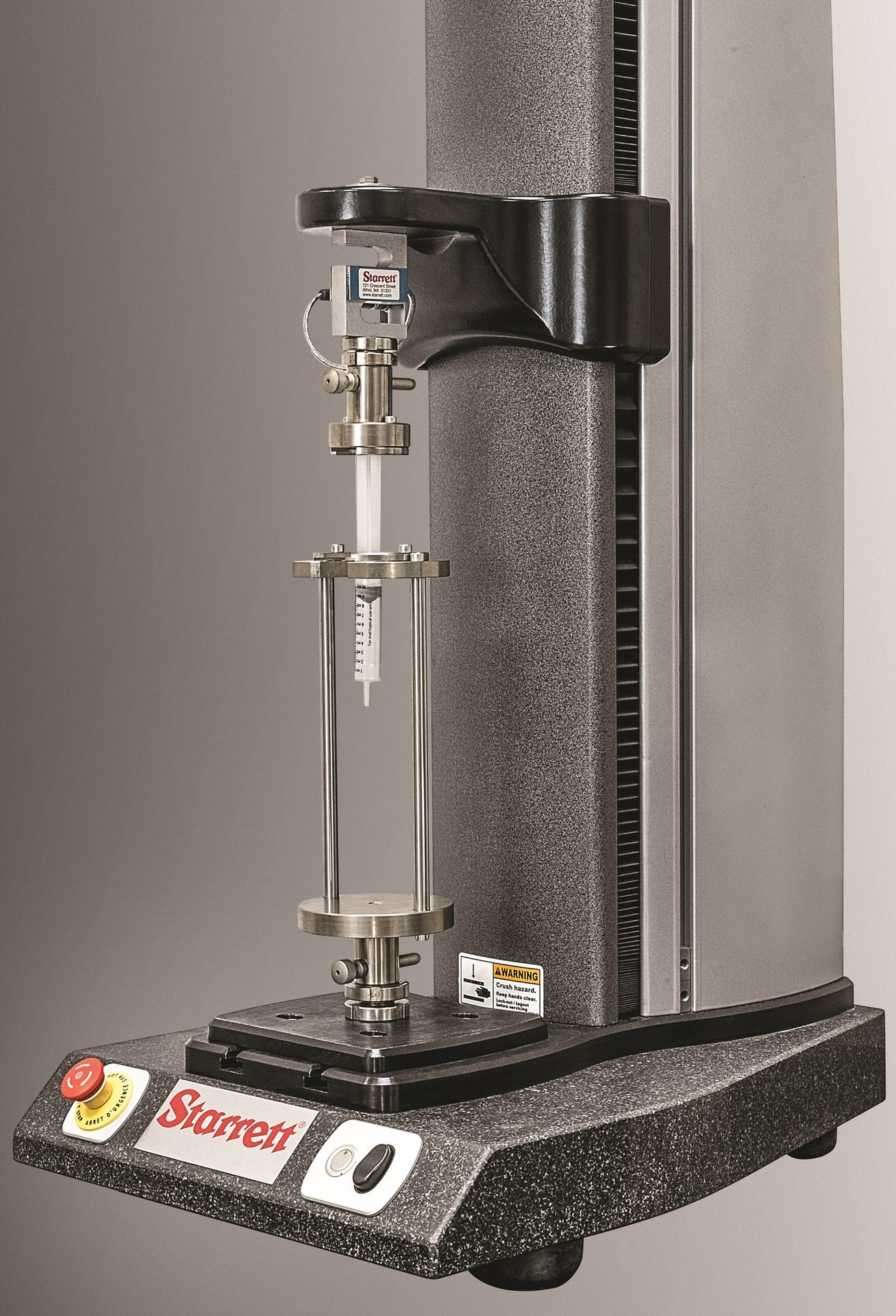 Starrett FMS Series test frame set with a disposable syringe without a needle. Application testing the average draw forces without a sample liquid.