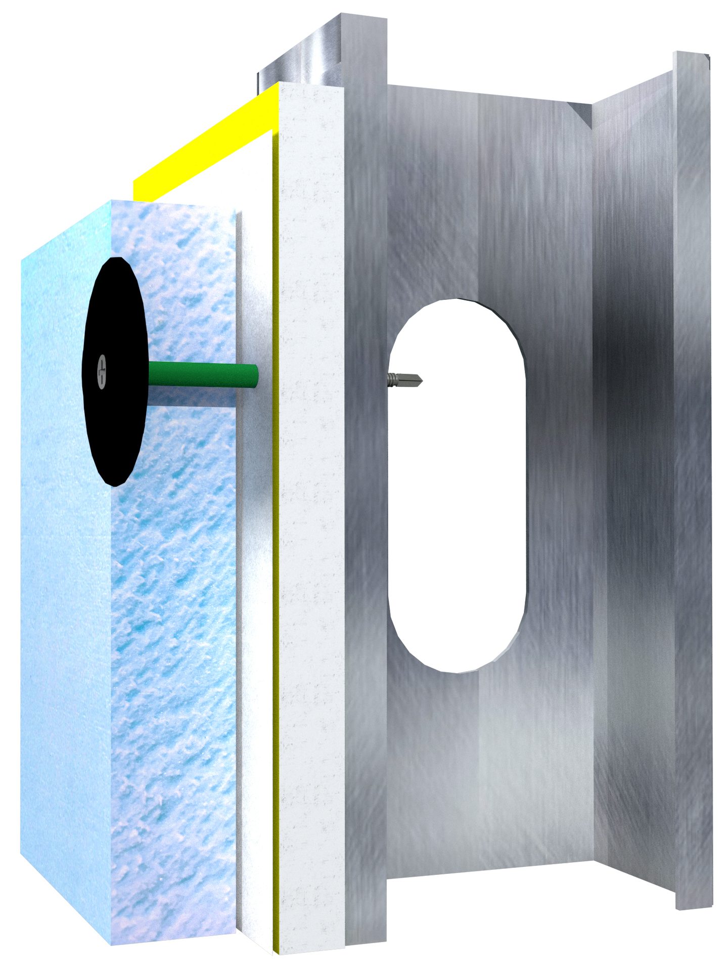 Layers of insulation, a metal stud with an oval cutout, and a fastener system.