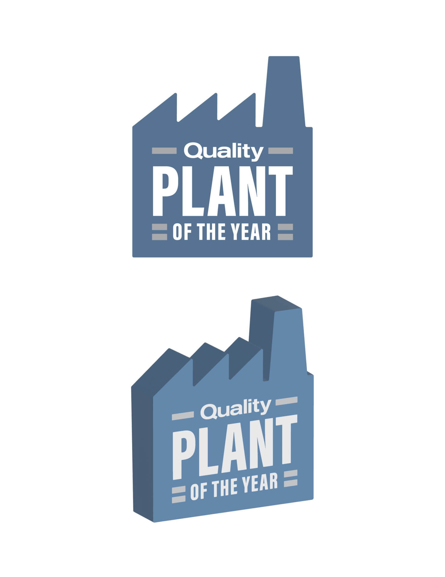 Two factory icons, one 2D and one 3D, both displaying "Quality PLANT OF THE YEAR" award text.