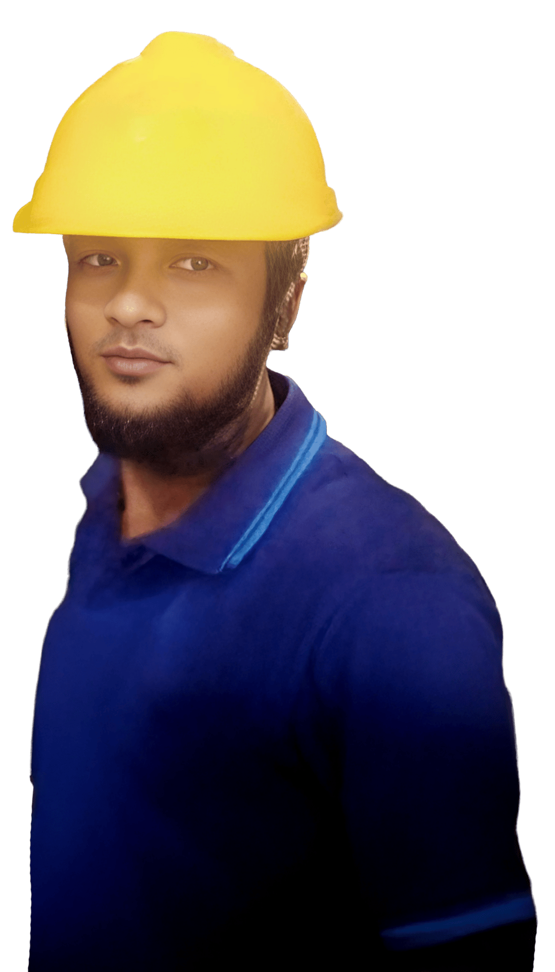 A bearded man in a yellow hard hat and blue polo shirt.