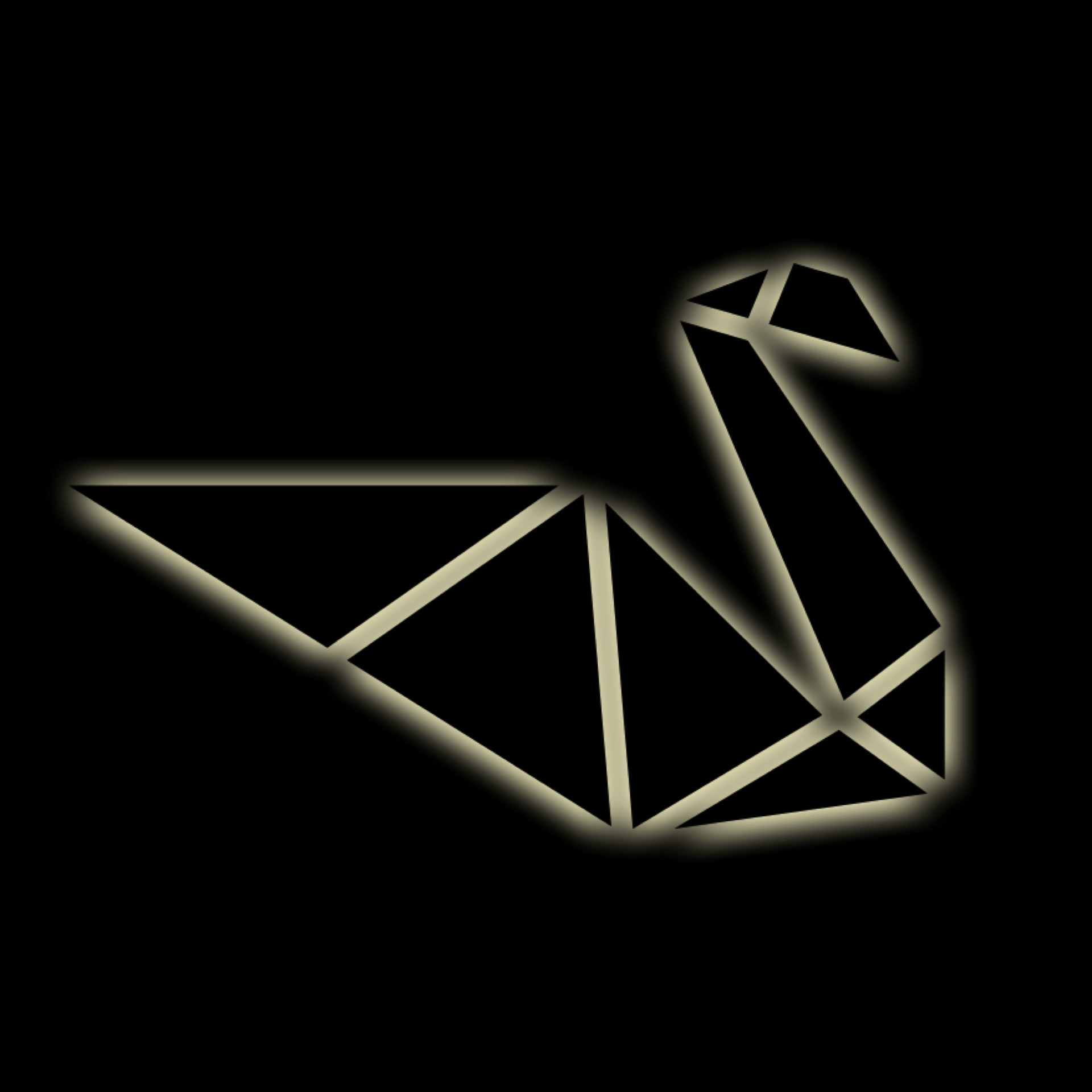 A minimalist, geometric swan silhouette with a glowing outline on a black background.