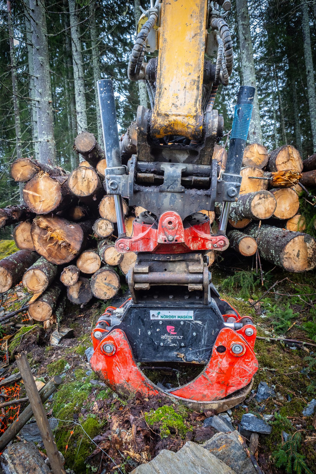 A red-clawed excavator grapple attachment in a forest clearing, with stacked logs and trees behind it.
