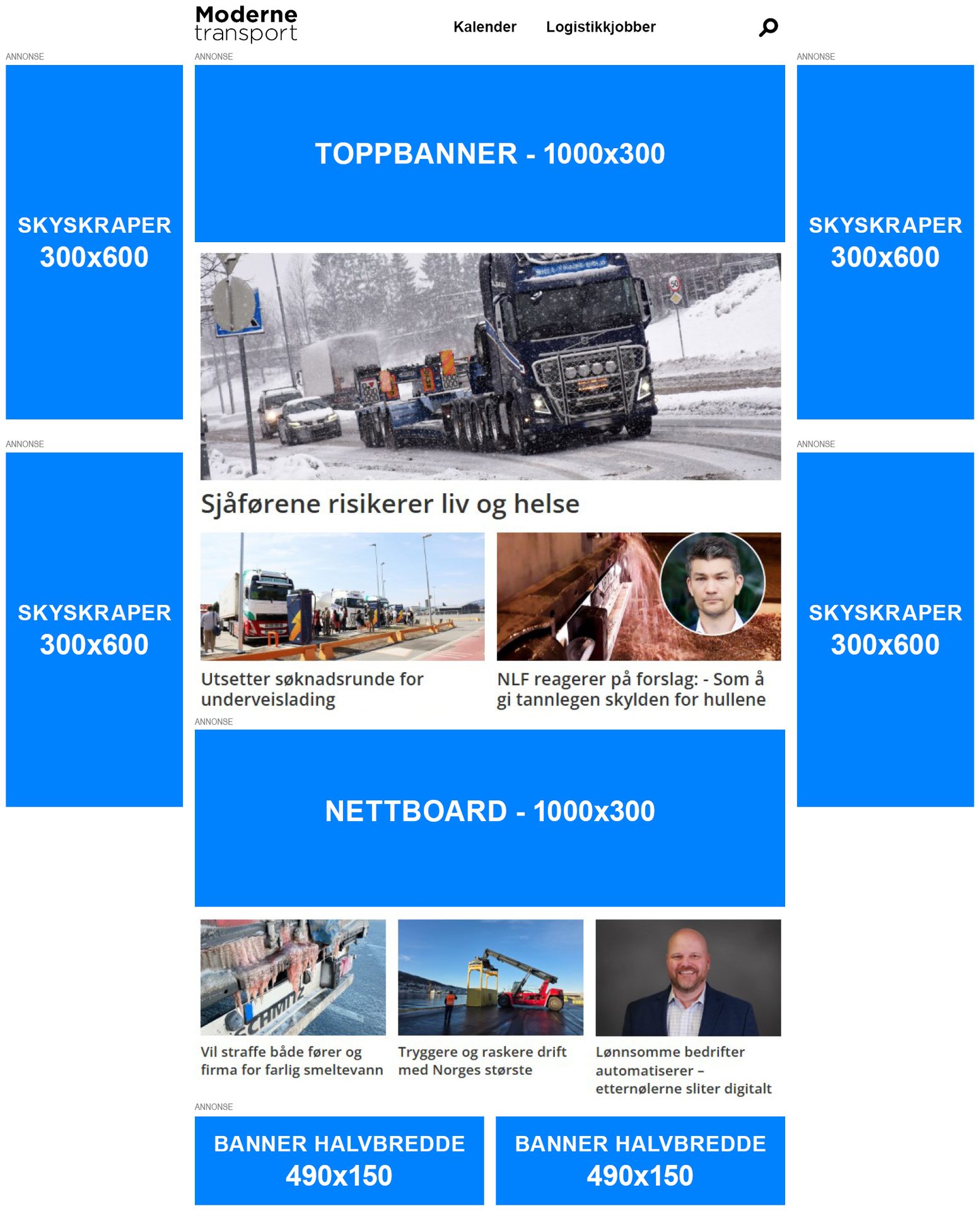 Moderne Transport website displaying logistics news and various ad banners.