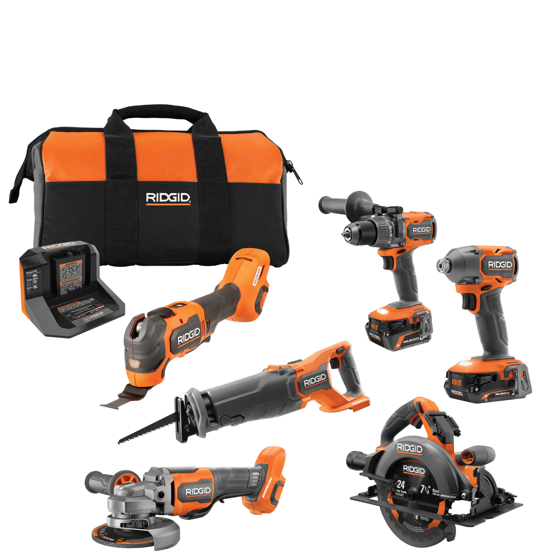A comprehensive set of Ridgid power tools, including drills, saws, grinder, multi-tool, charger, and bag.