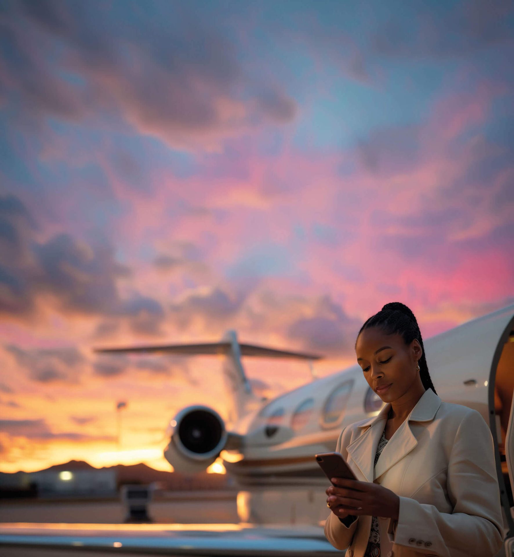 A stylish Black woman checks her phone by a private jet at sunset, with a vibrant sky in the background.