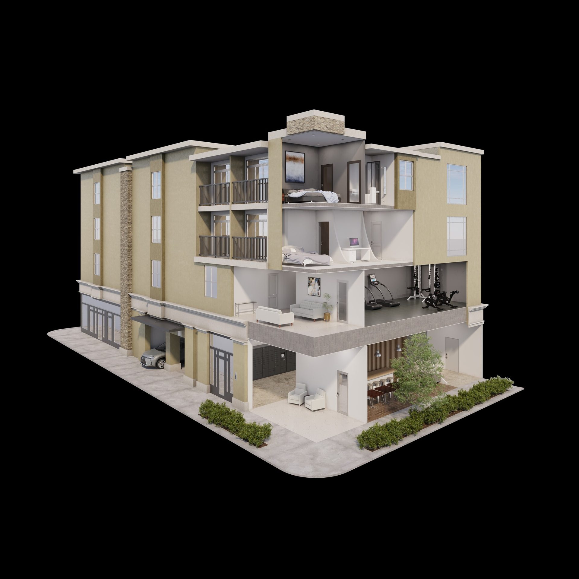 3D cutaway view of a multi-story building revealing apartments, gym, and communal areas.