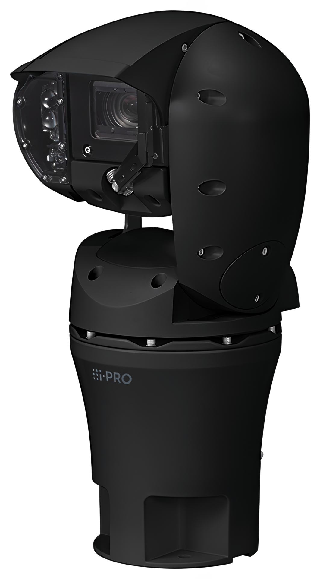 A black i-PRO PTZ security camera with visible lens and infrared illuminators.
