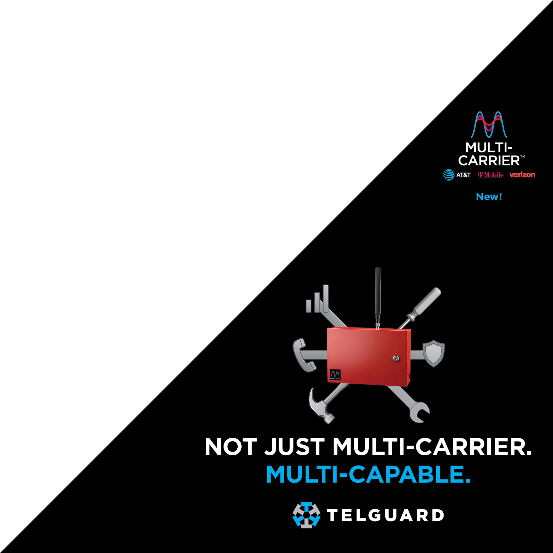 Telguard ad: New Multi-Carrier, Multi-Capable device with tool icons, supports AT&T, T-Mobile, Verizon.
