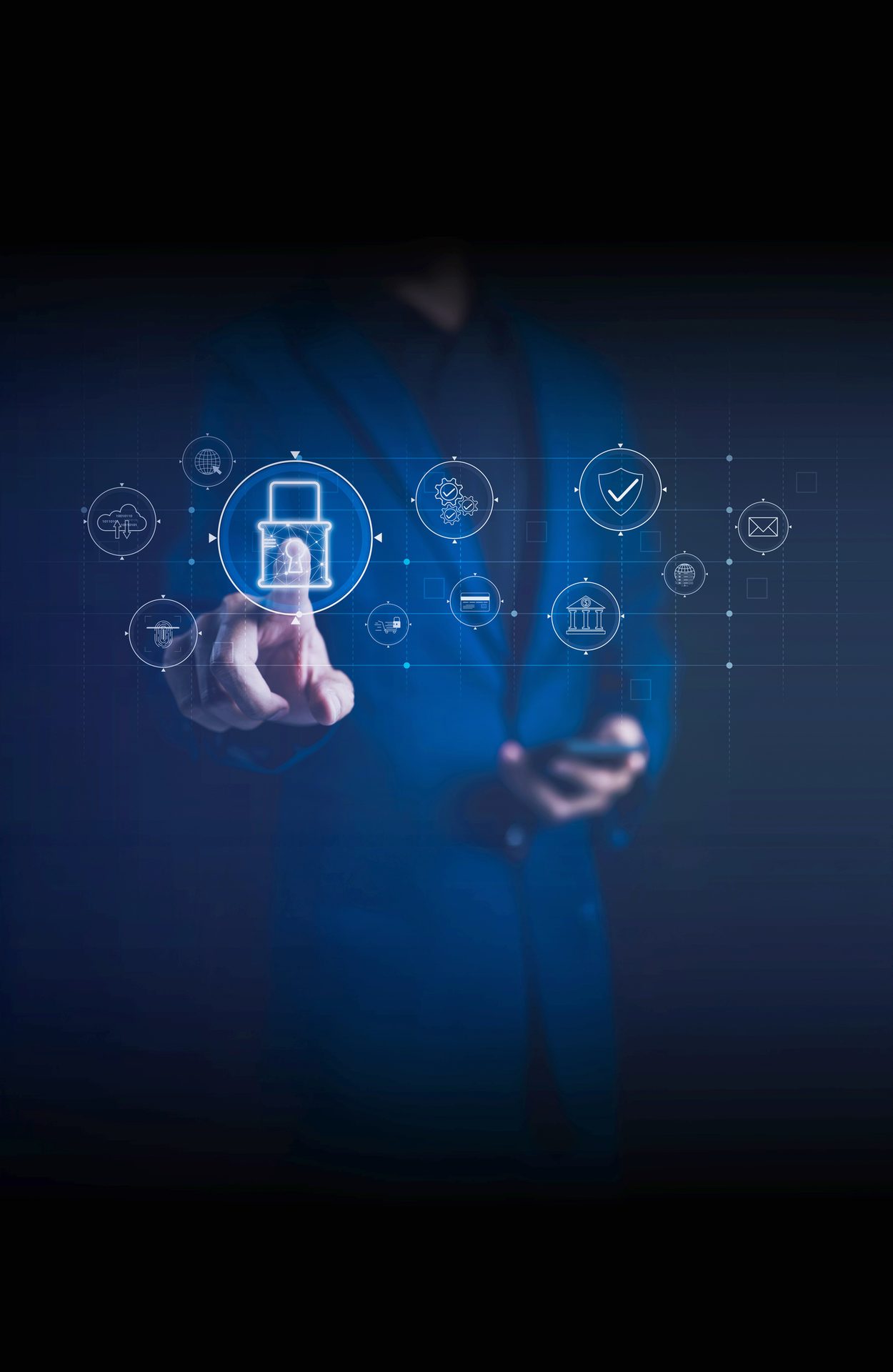Professional touching a virtual padlock icon surrounded by digital security symbols.