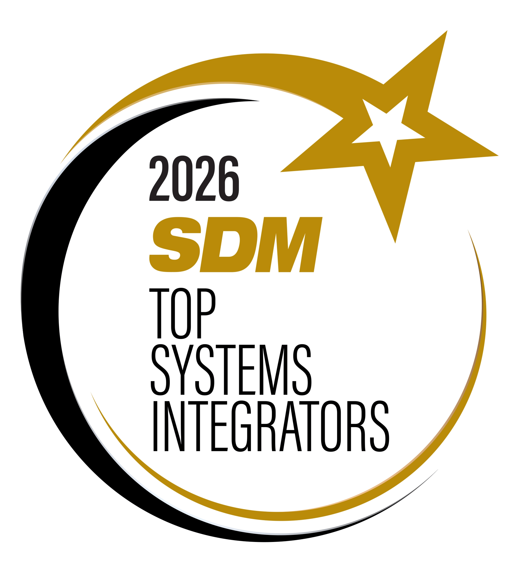 Logo for 2026 SDM Top Systems Integrators, featuring black and gold circular elements with a prominent star.
