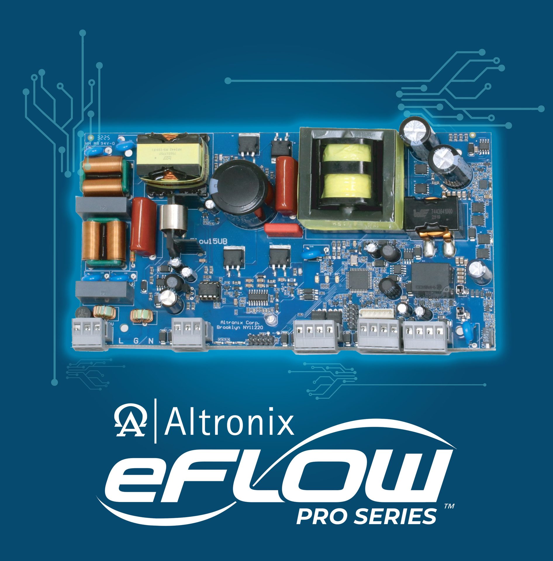 A blue Altronix eFLOW PRO SERIES circuit board with various electronic components against a blue background with circuit patterns.
