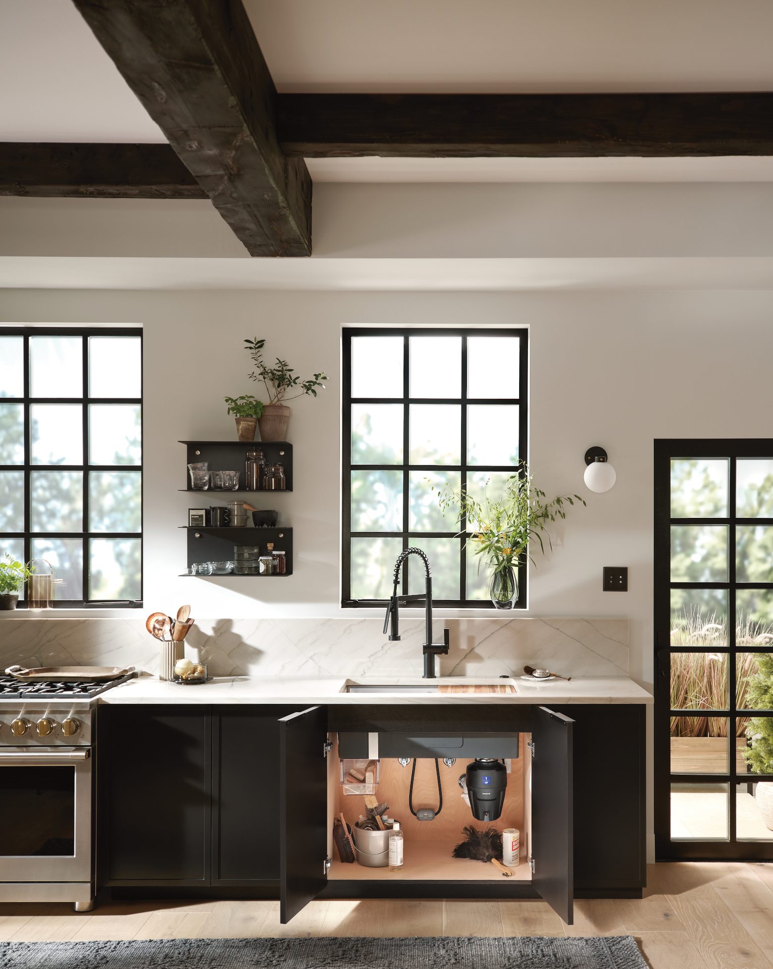 Interior design, Property, Window, Countertop, Cabinetry, Tap, Sink, Wood, Plant, Rectangle