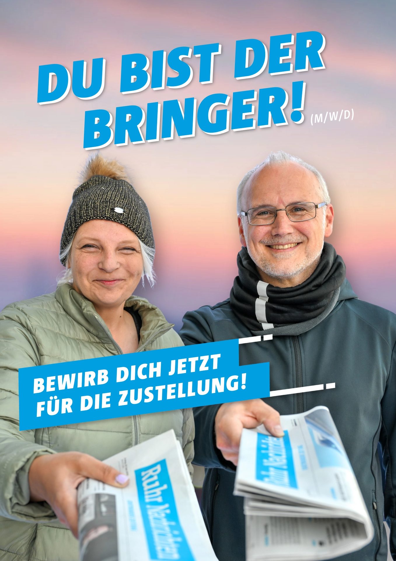 Job ad: Smiling man and woman holding newspapers, promoting delivery roles.