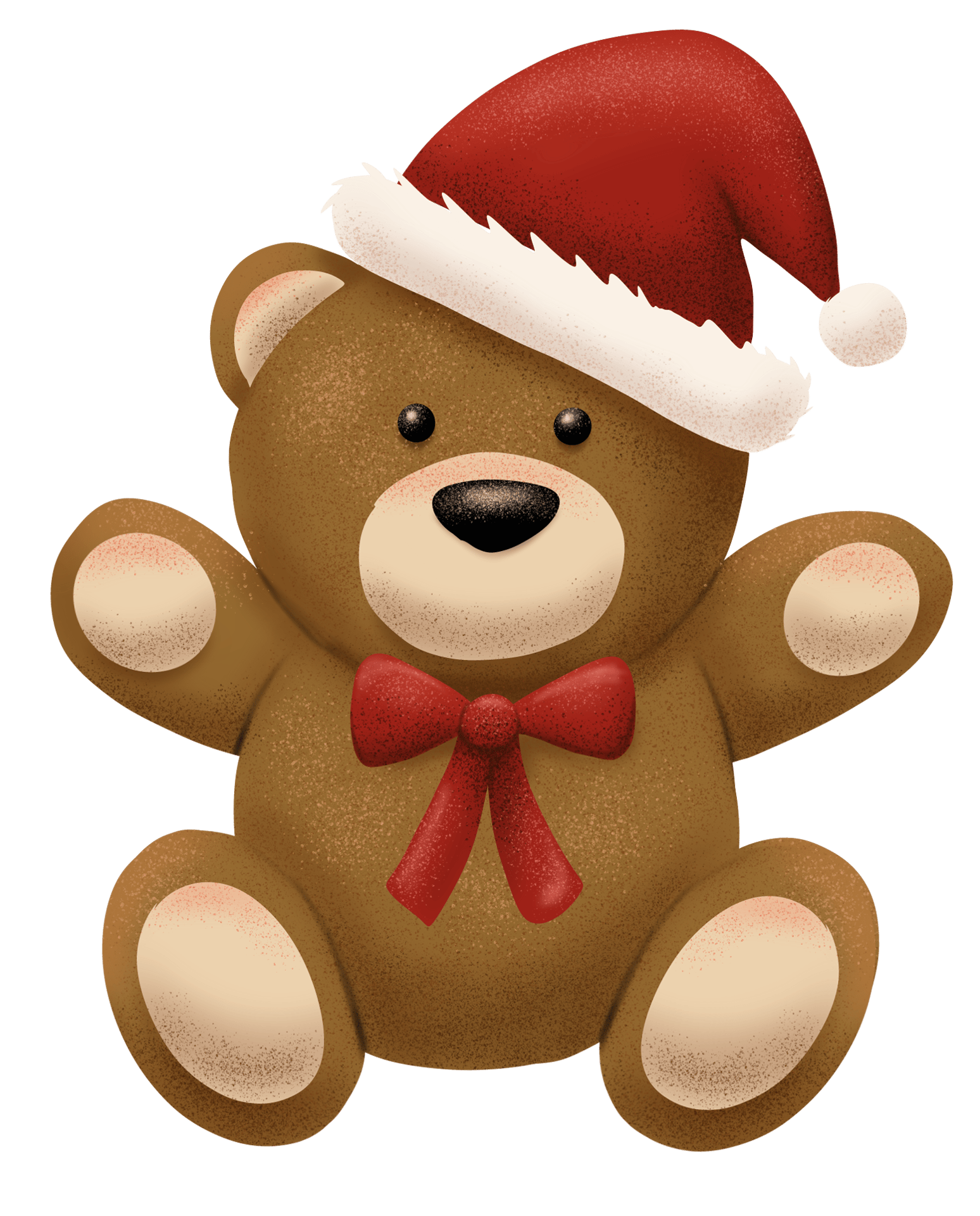 Festive brown teddy bear with Santa hat and red bow.