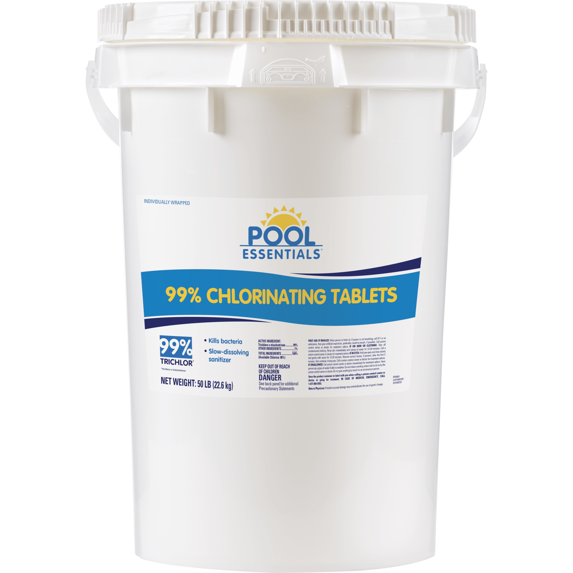A large white bucket of Pool Essentials 99% Chlorinating Tablets, used for sanitizing pools.