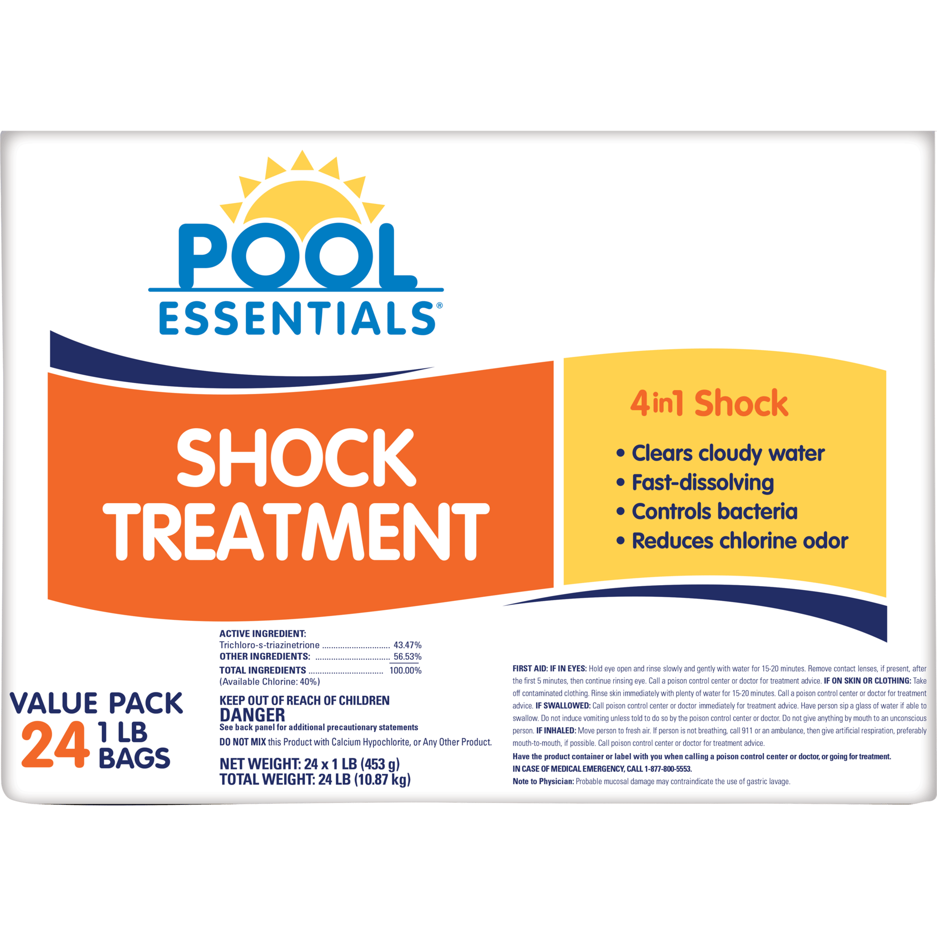Pool Essentials 4-in-1 Shock Treatment, 24 x 1 lb bags. Clears cloudy water, fast-dissolving.