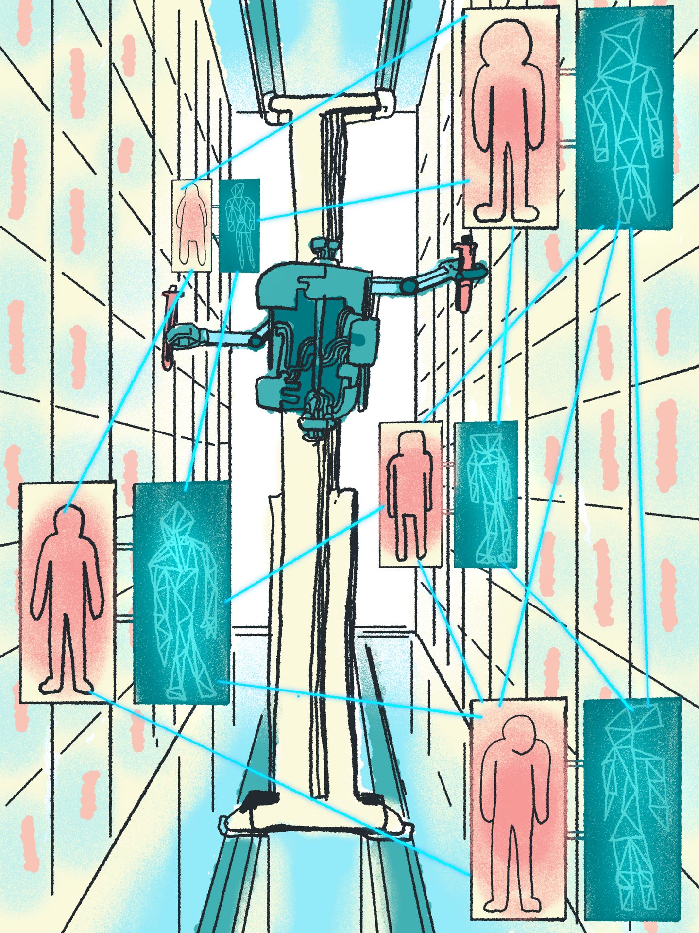 A robot processes human data: red silhouettes and blue wireframes connected by glowing lines.