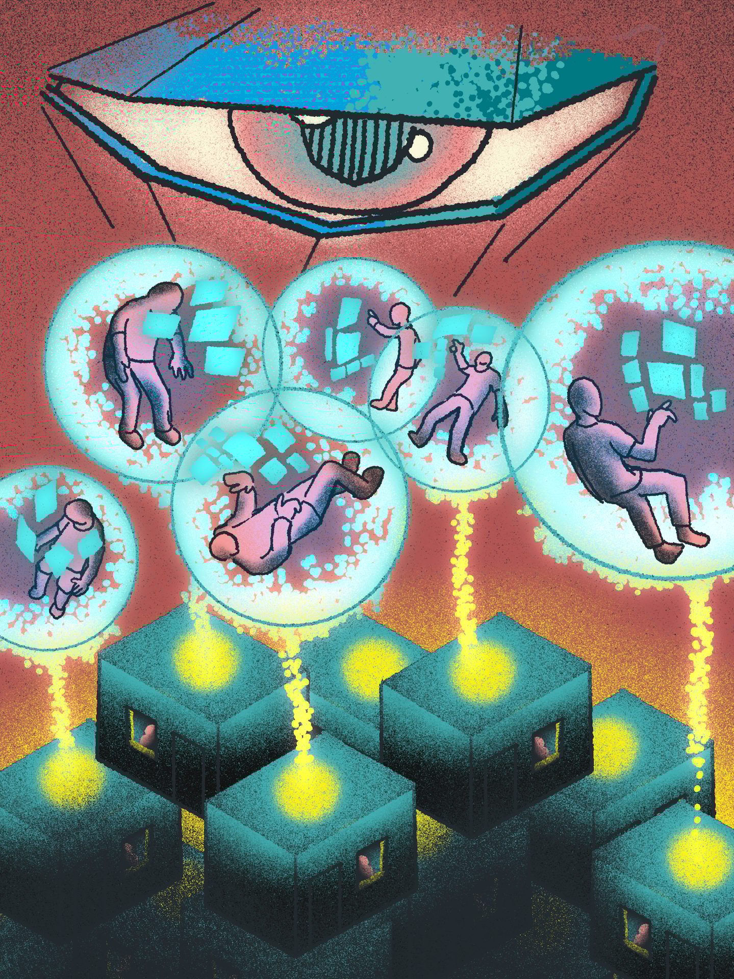 An eye watches people trapped in data bubbles connected to isolated cube-like dwellings.