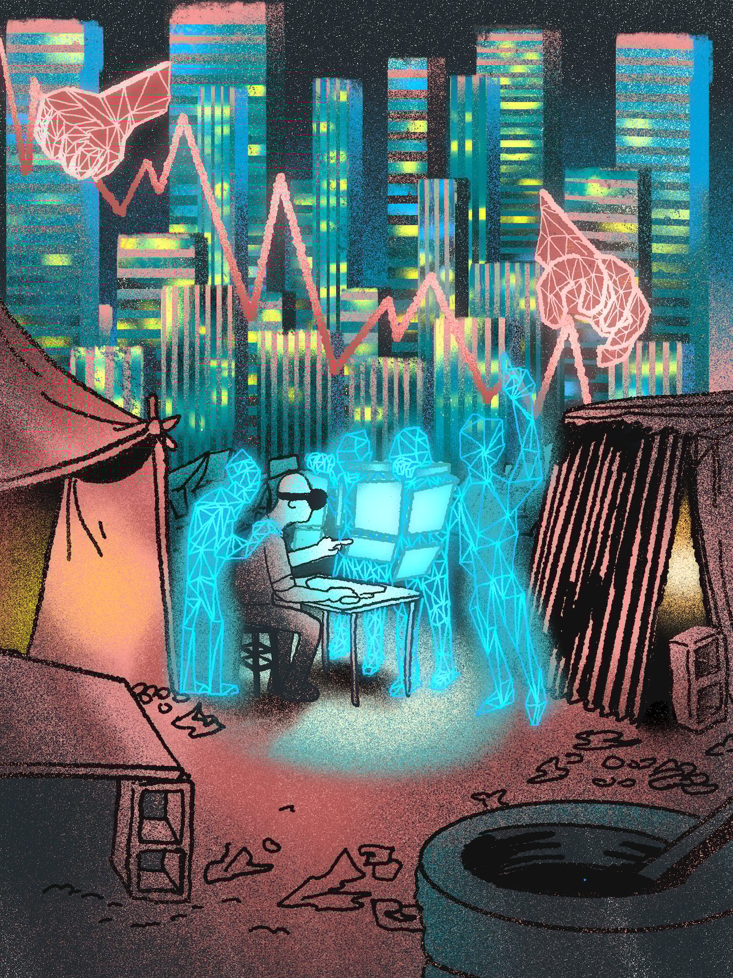 Man in VR in a slum, with holograms and a city skyline showing a volatile stock market.