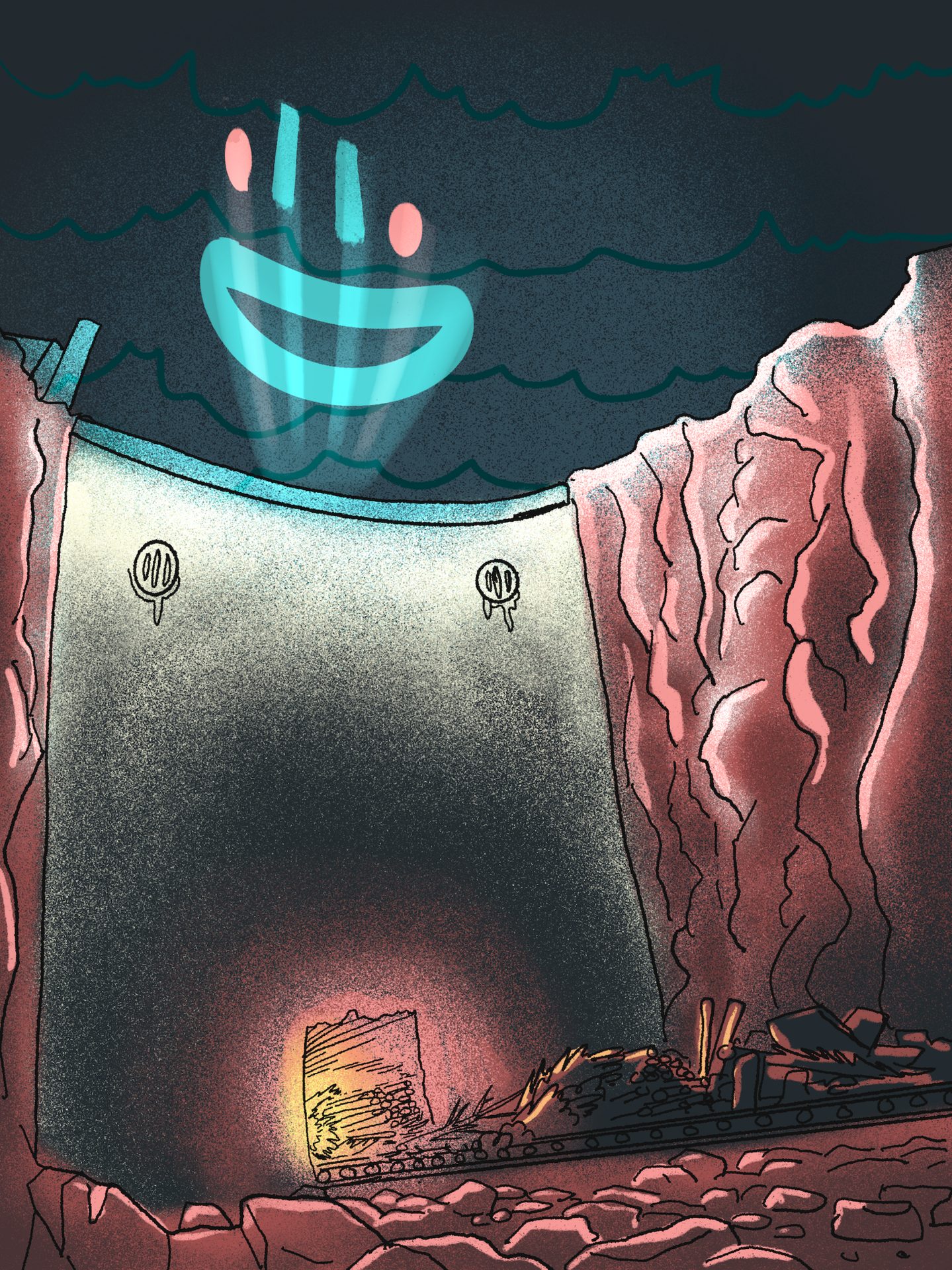 A large, glowing blue smiley face overlooks a dam, with a glowing orange cart on tracks below.