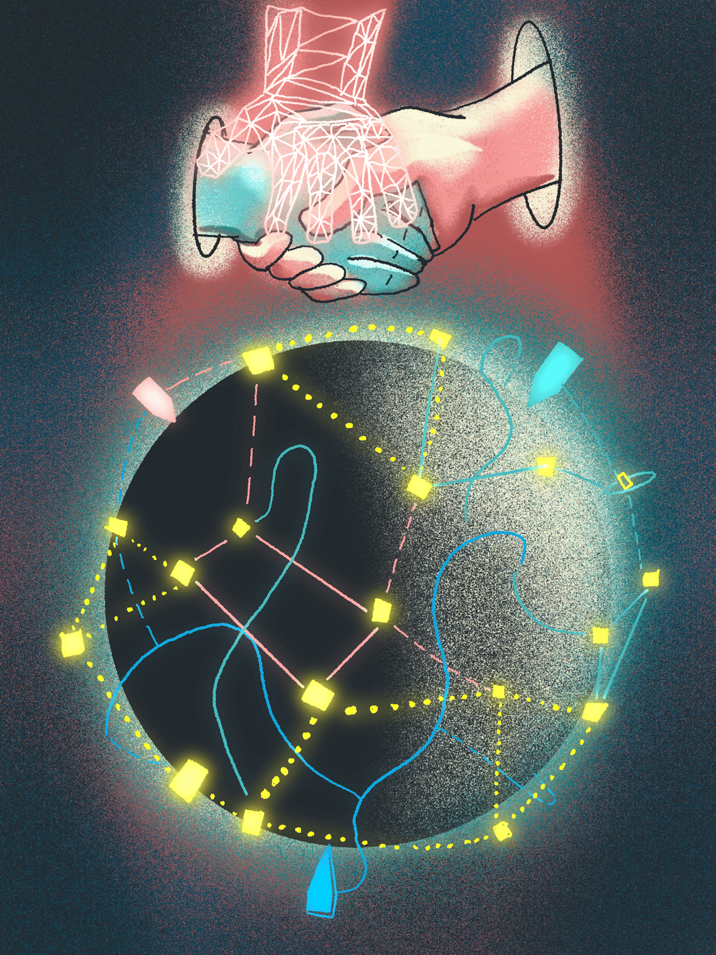 Human and AI hands shake over a glowing, networked globe.