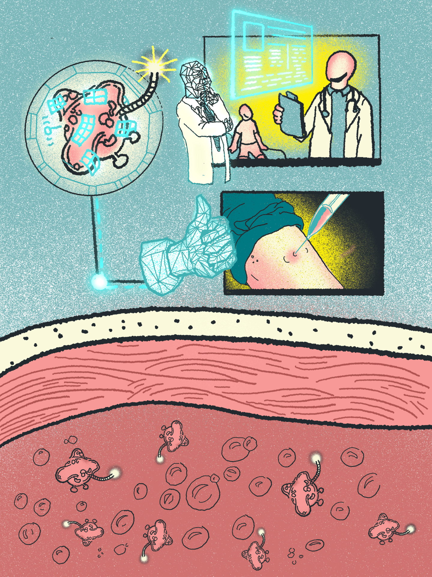 AI-powered nanobots for medical treatment, showing diagnosis, injection, and bloodstream action.