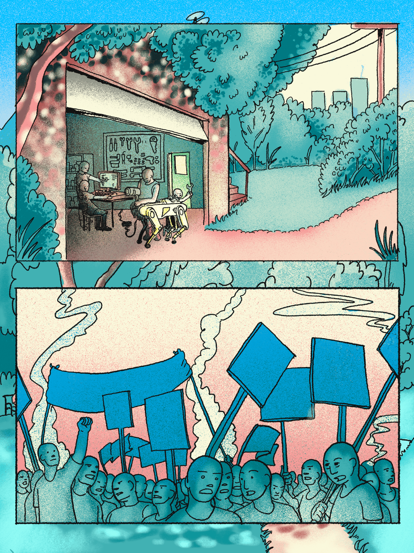 Two comic panels: top, a garage with people and a robot; bottom, a street protest.