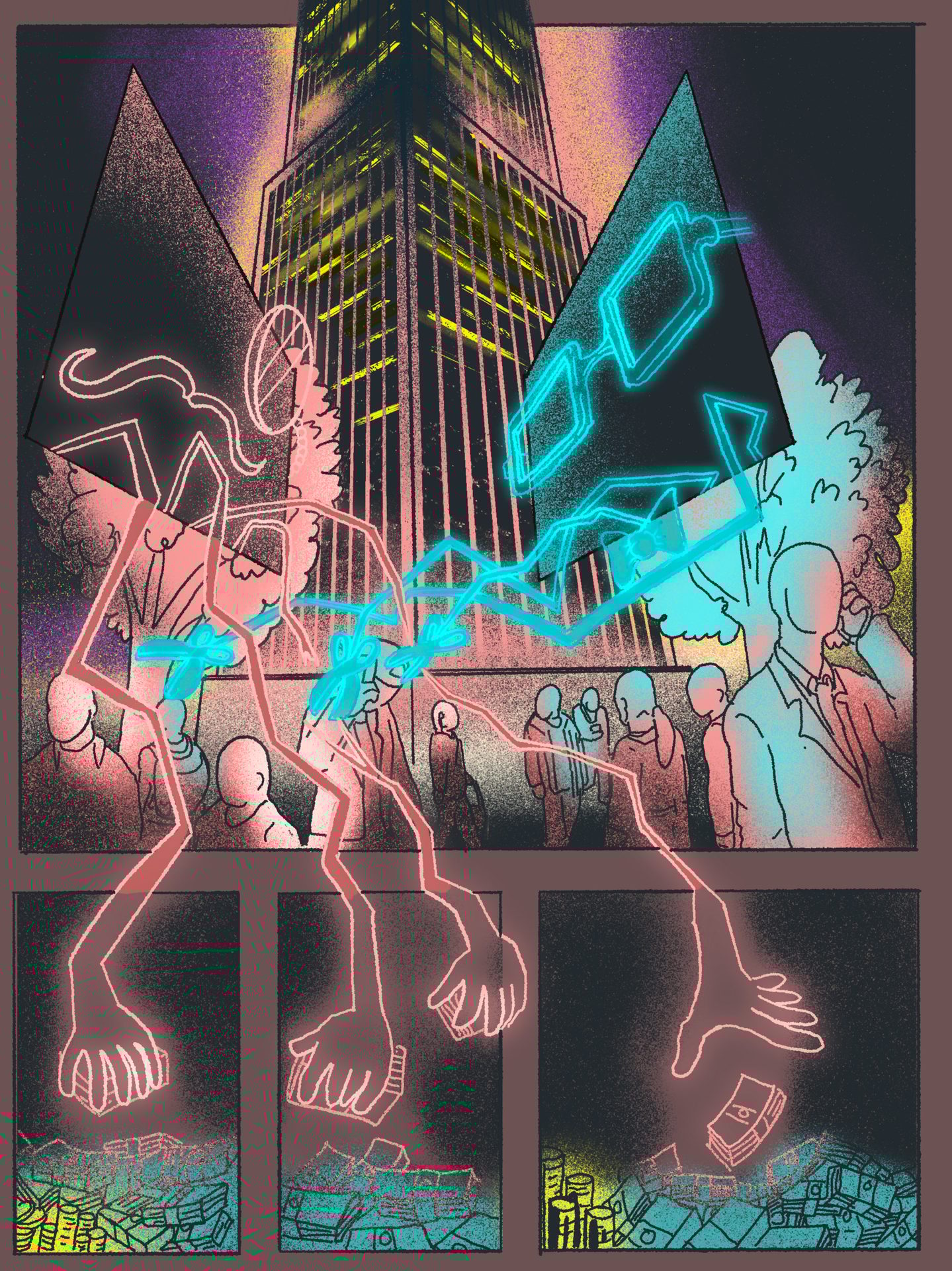 Red and blue neon giants battle above a city, their hands controlling wealth.