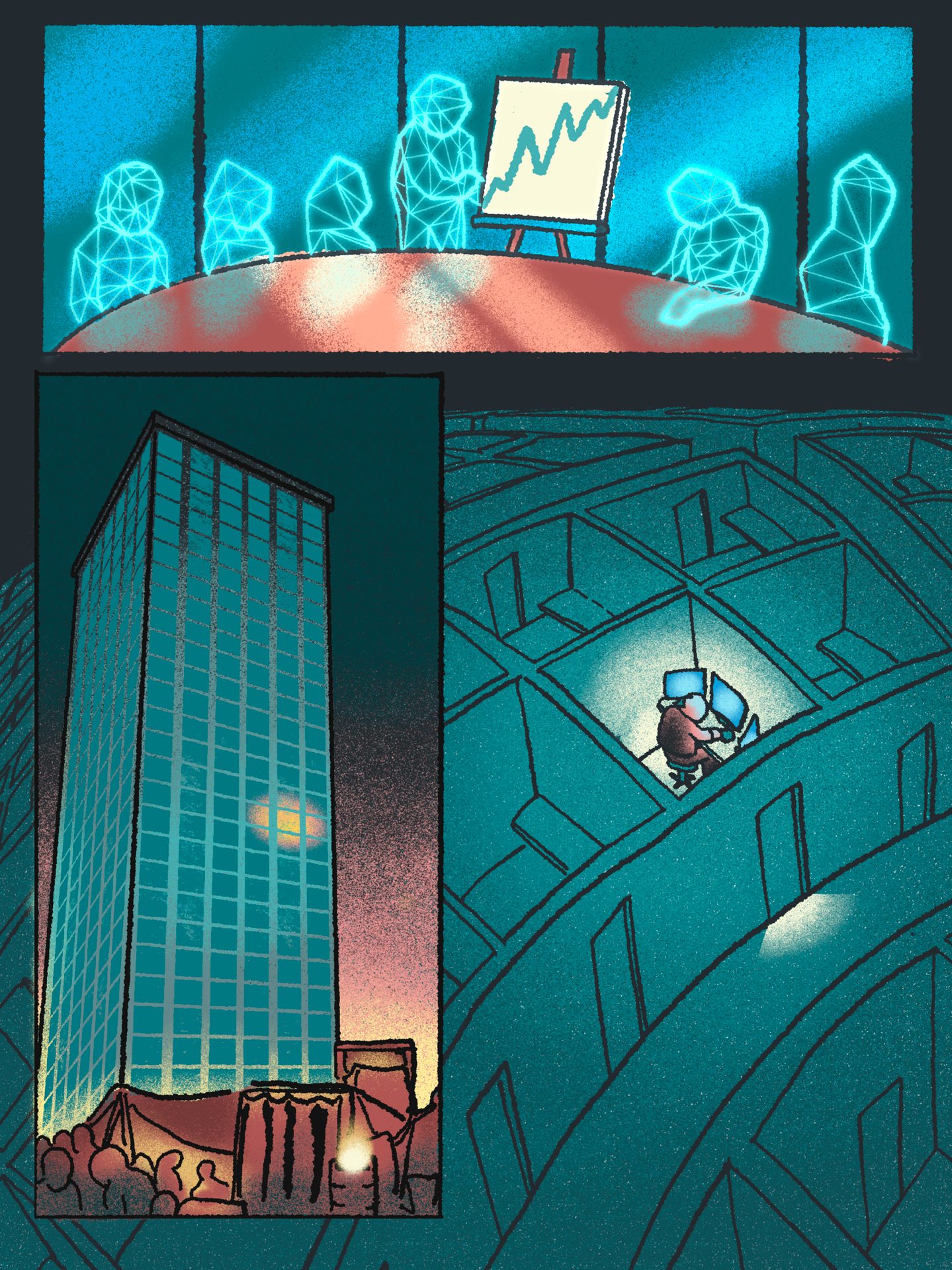 Virtual meeting above, office building with lone worker below.