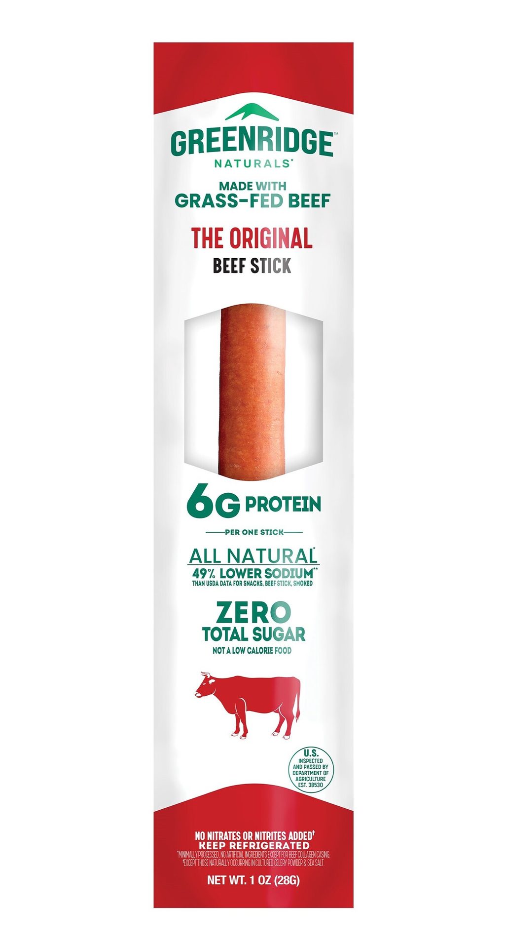 Greenridge Naturals Grass-Fed Beef Stick packaging, 6g protein, all natural.